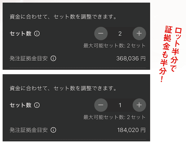 トライオートFXセット数の調整画面