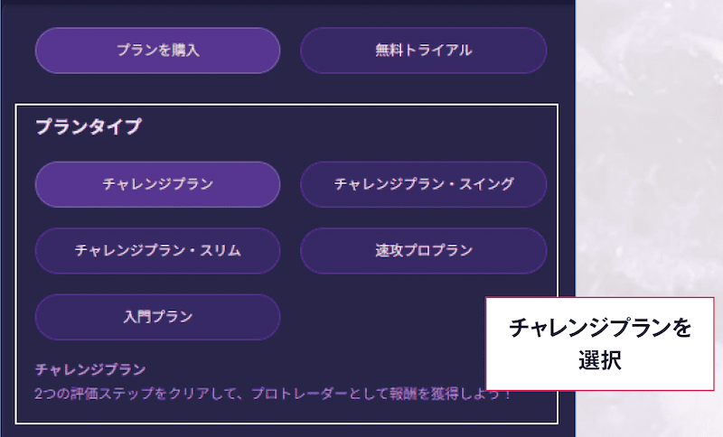フィントケイ　チャレンジプラン選択画面