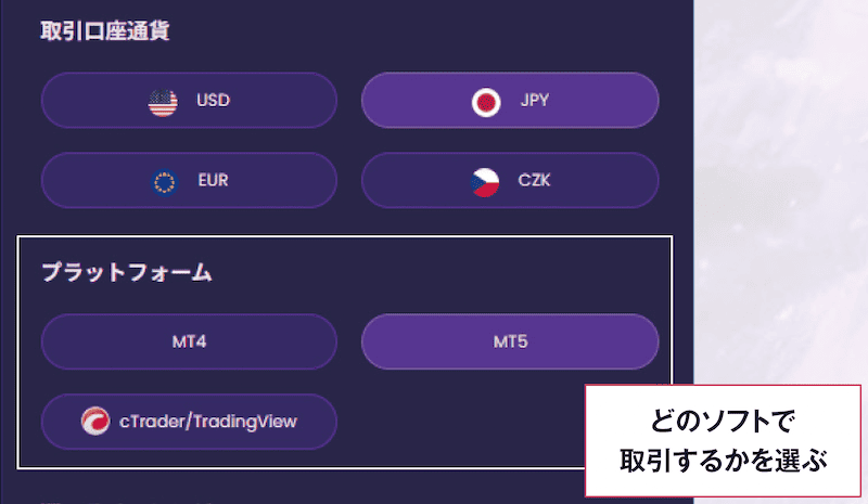 フィントケイ　プラットフォーム選択画面